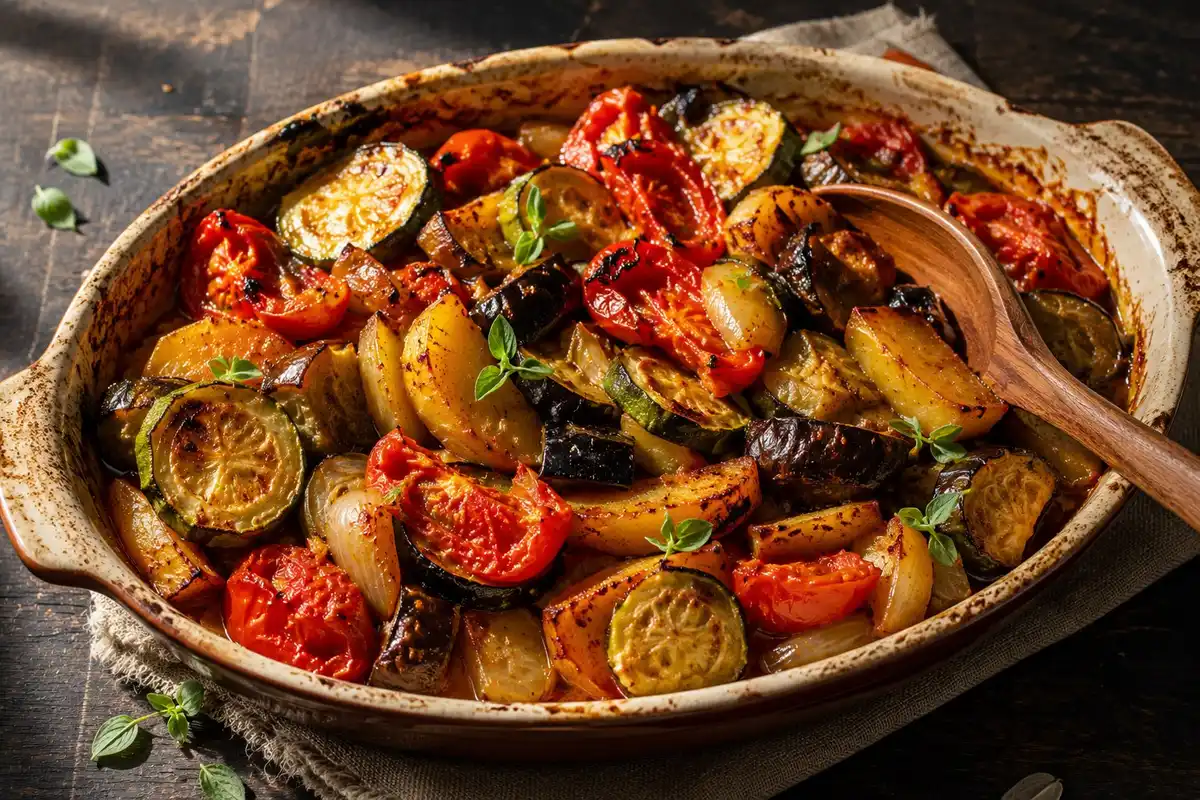 Rustic baking dish of tumbled roasted courgette, aubergine, potato, tomato and onion, charred at the edges, a wooden spoon resting in it.