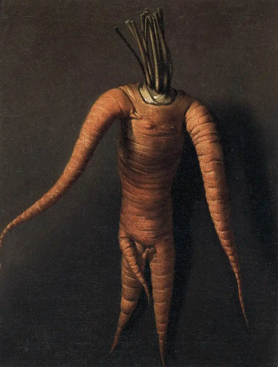Oil painting of a single large forked carrot with green tops, hung life-size against a dark ground.