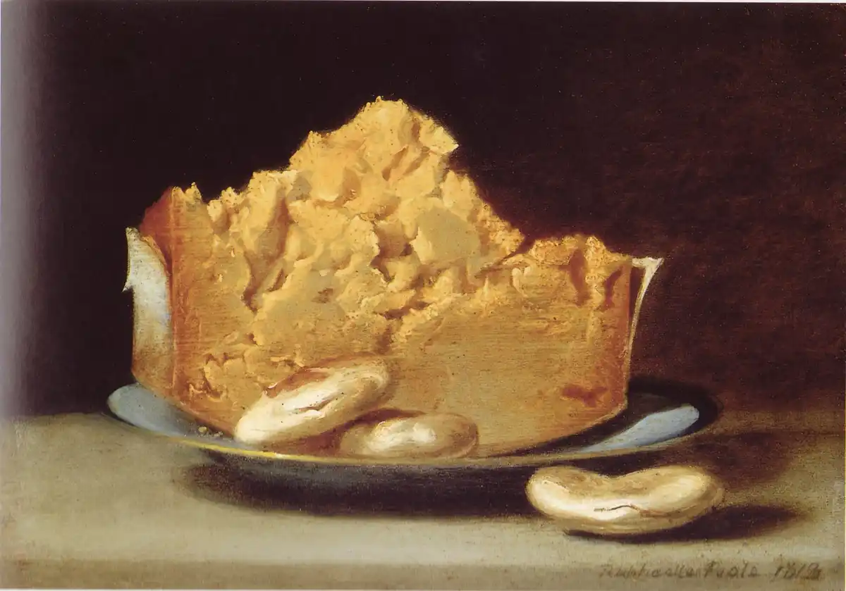 American still life of a broad wedge of cheese on a plate with three biscuits, one broken, against a dark ground.