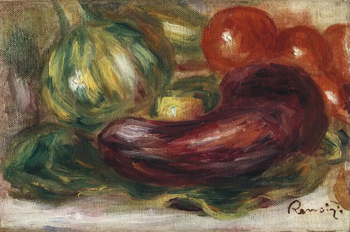 Impressionist still life of summer vegetables: a green squash, ripe tomatoes and a dark aubergine with a lemon on a white cloth.