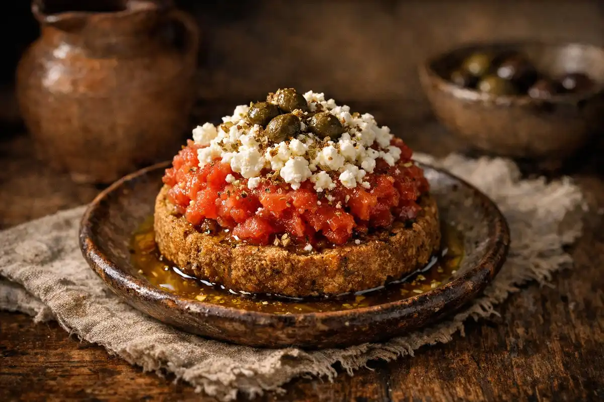 A barley rusk piled with grated tomato, crumbled white cheese, capers and oregano on a small ceramic plate, olive oil pooling.