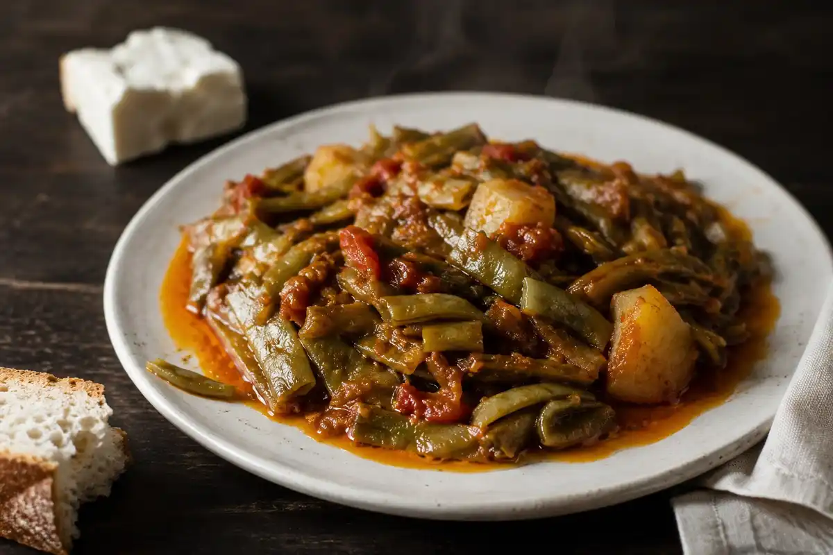 Plate of green beans braised soft in tomato sauce with chunks of potato, olive oil pooling at the rim, feta and bread beside.