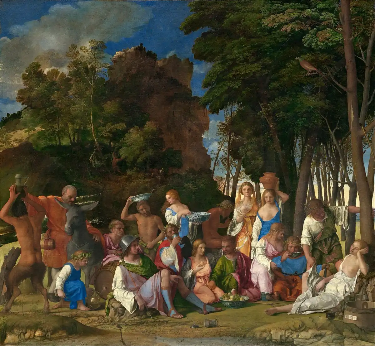 Renaissance oil painting of gods feasting in a wooded clearing, with jugs, bowls and attendants.