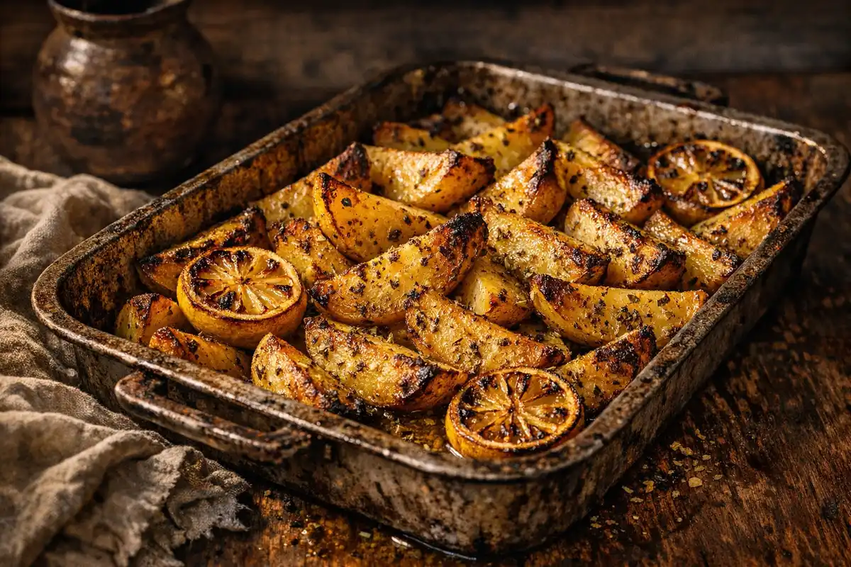 Thick golden potato wedges in a battered roasting tin, charred at the edges, roasted lemon halves among them, pan juices below.