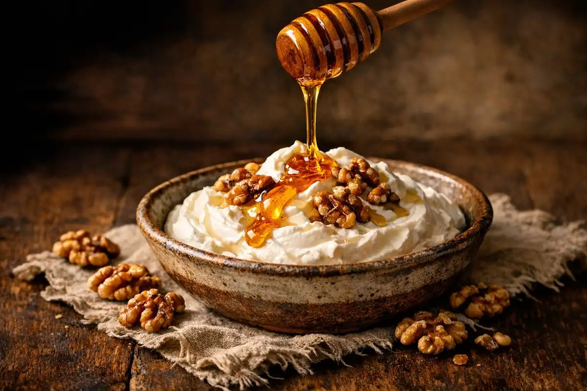 A shallow ceramic bowl of thick strained yoghurt, honey ribboning onto it from a wooden dipper, toasted walnuts over and beside.