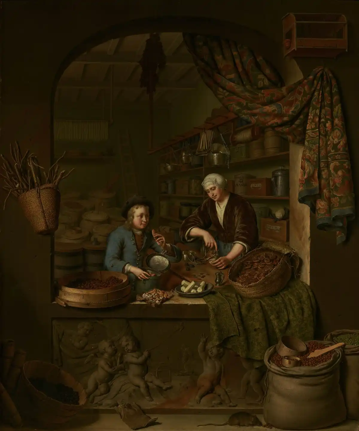 A Leiden shop interior: the grocer weighs goods on a balance behind the counter while a customer waits.