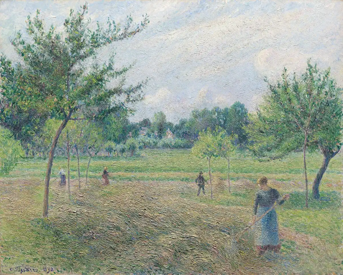 Haymakers rake cut hay in a summer meadow under a pale sky.