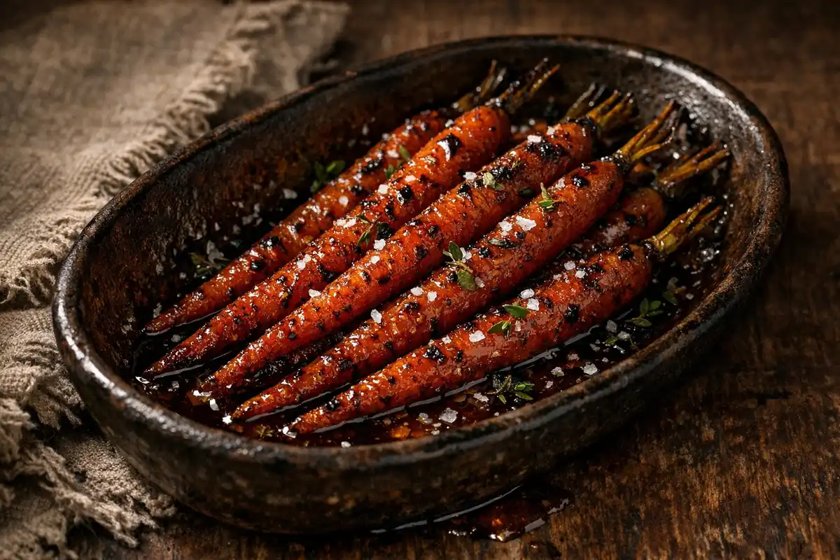 Slim whole glazed carrots in a dark ceramic dish, blistered and caramelised, thyme and flaky salt over, glaze pooling.