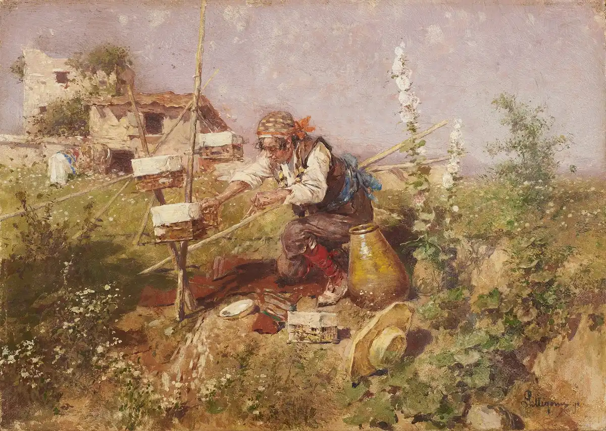 A beekeeper crouches at his hive boxes at harvest time, terracotta jars and a straw skep beside him.