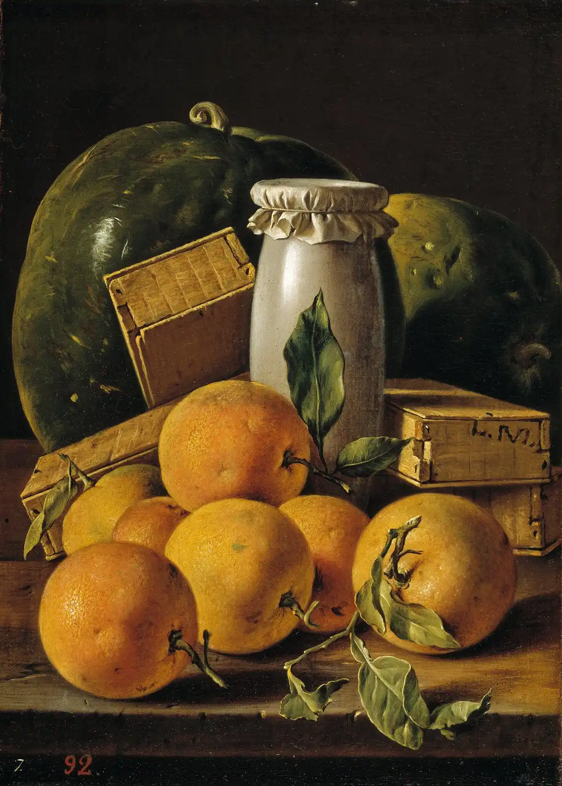 Spanish still life with a cloth-covered white honey jar at centre, oranges, sweet boxes and watermelons around it.