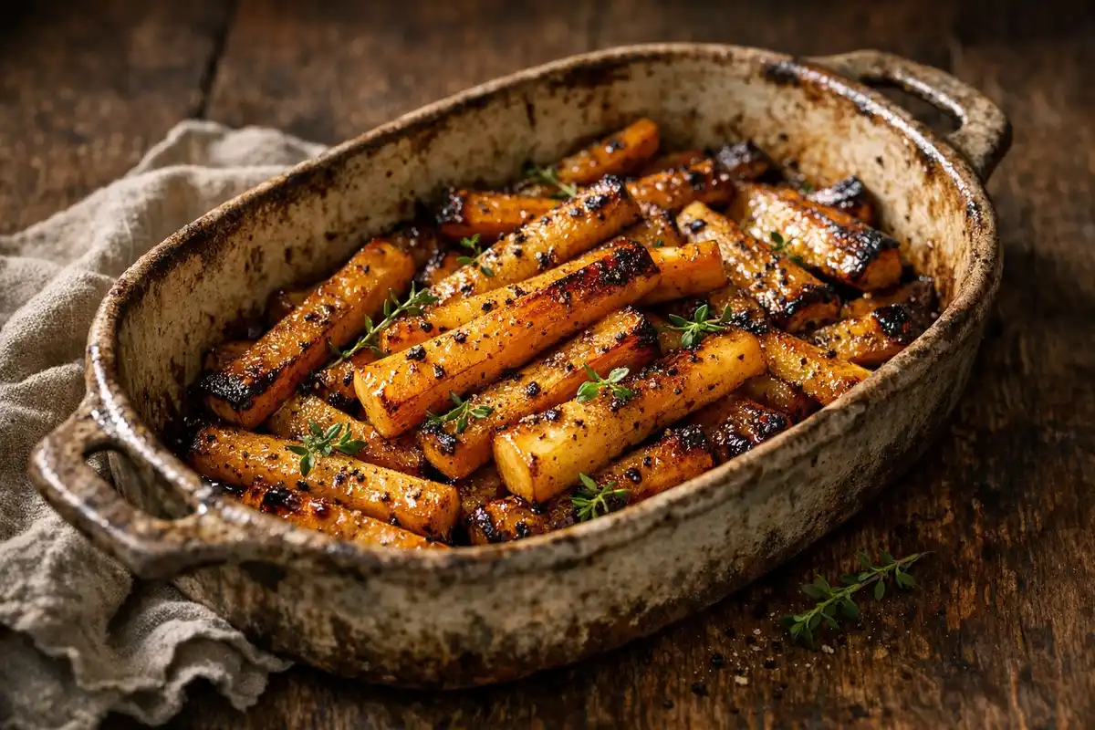Caramelised parsnip batons in a weathered earthenware roasting dish, charred at the edges, glaze glistening, thyme over.