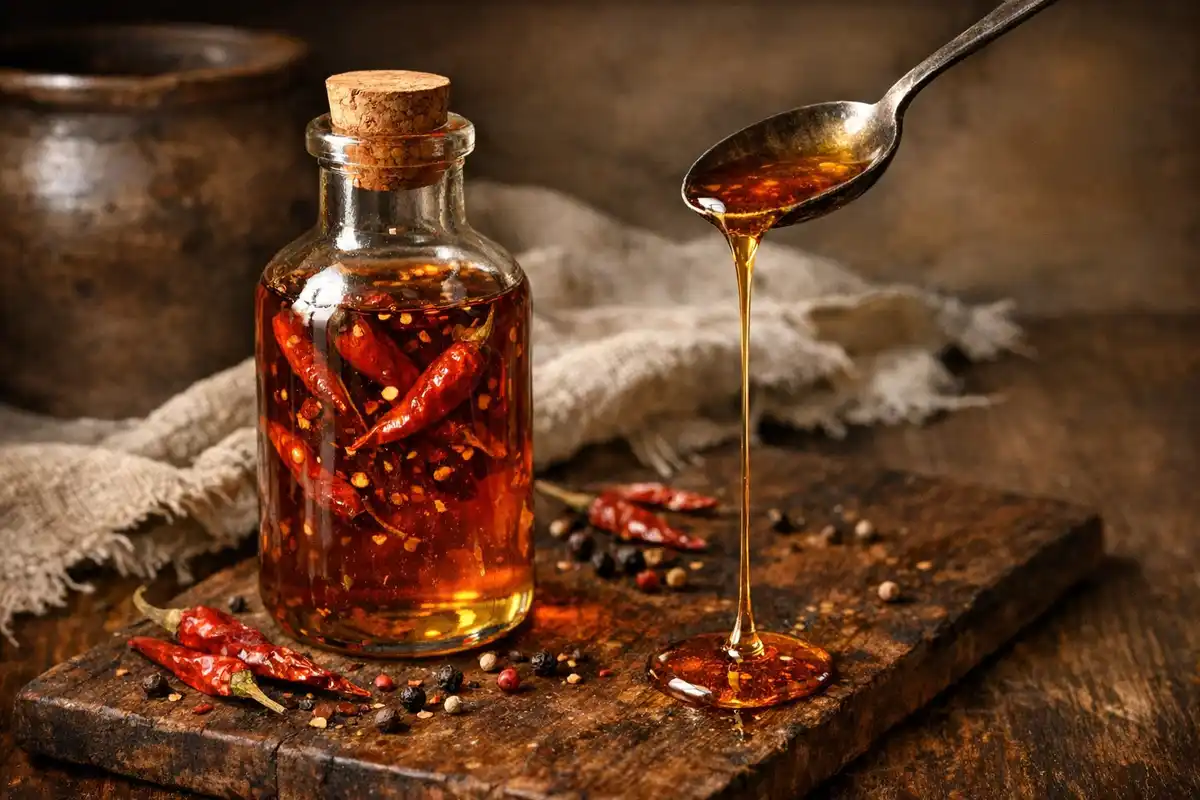 A small glass bottle of chilli-infused honey, dried chillies suspended in the amber, a spoon trailing a honey thread onto a dark board.