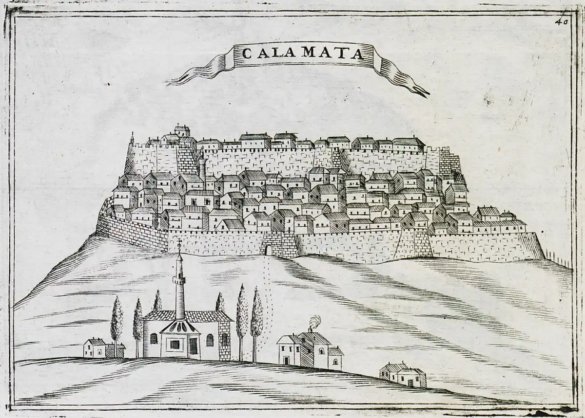 Engraved seventeenth-century view of the fortified town of Kalamata beneath its castle, under a banner bearing the name Calamata.