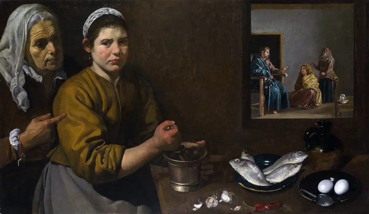Spanish kitchen scene: a young cook at a table with a brass mortar, fish, eggs and garlic; an older woman gestures beside her, and Christ with Martha and Mary appear through a hatch behind.