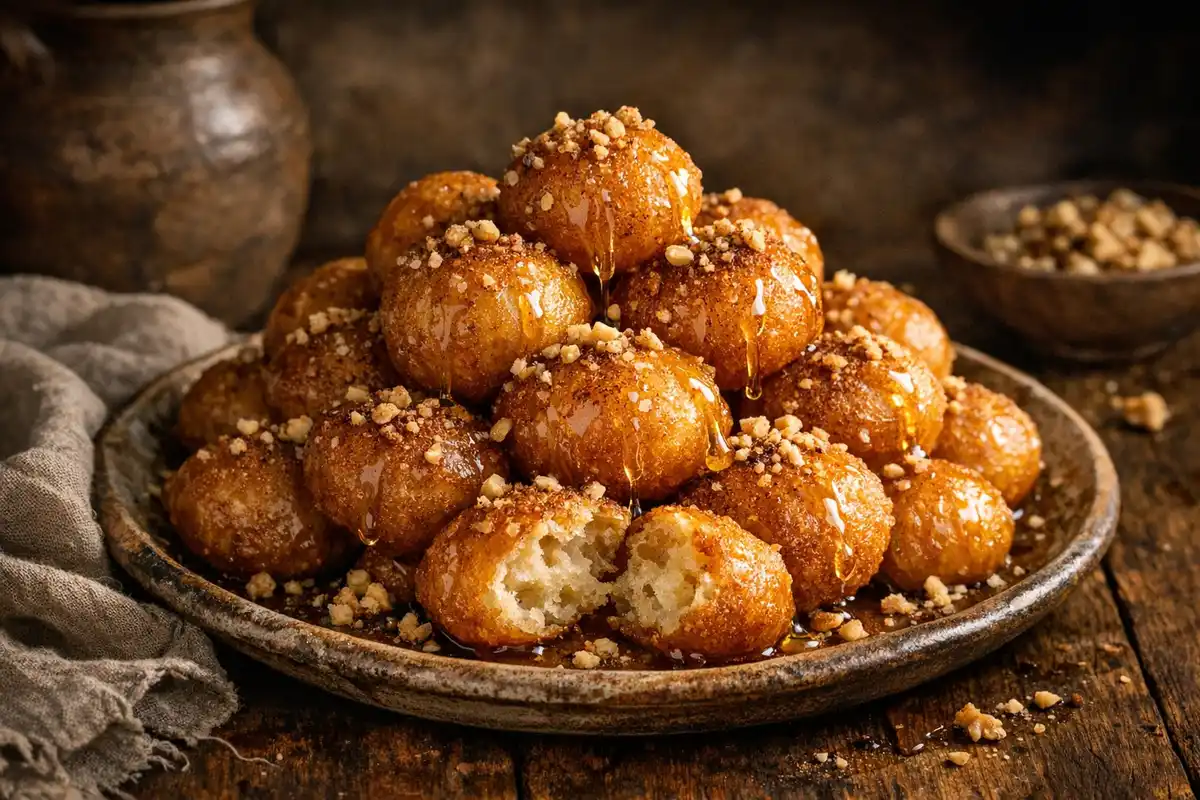 A pile of golden loukoumades on an earthenware plate, honey syrup running down, cinnamon and crushed walnuts over, one torn open.
