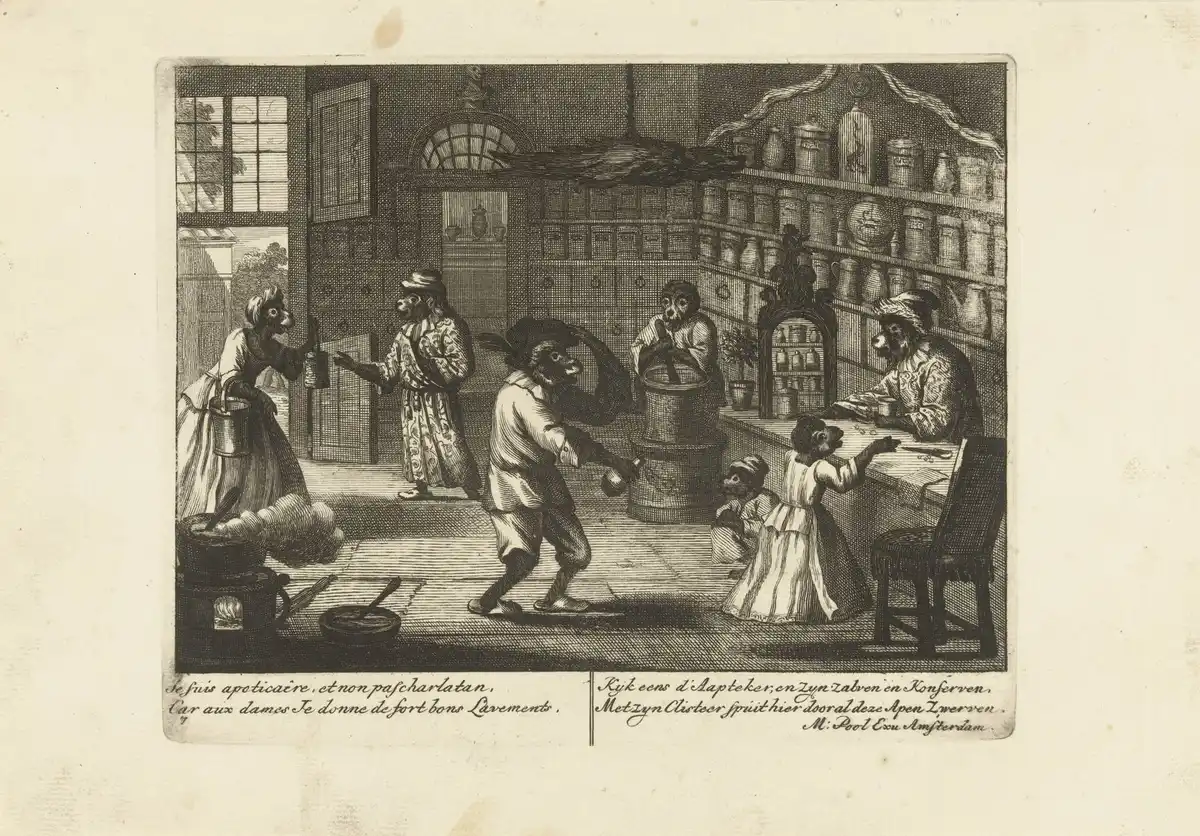 Engraving of monkeys in human dress running an apothecary shop, its shelves stocked floor to ceiling with jars.