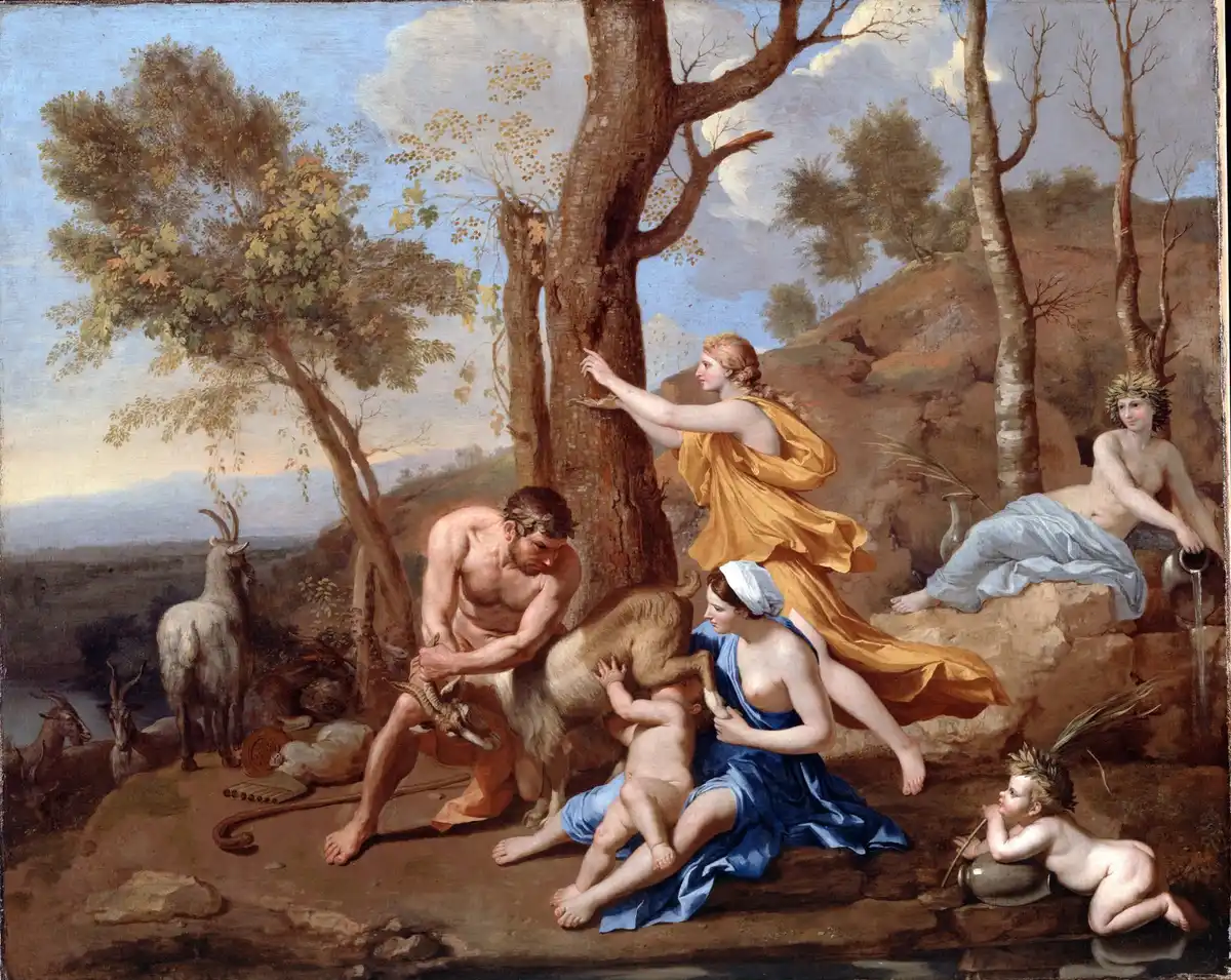 Classical scene of the infant Jupiter fed on milk and honey, a figure reaching into a hollow tree where honey runs.