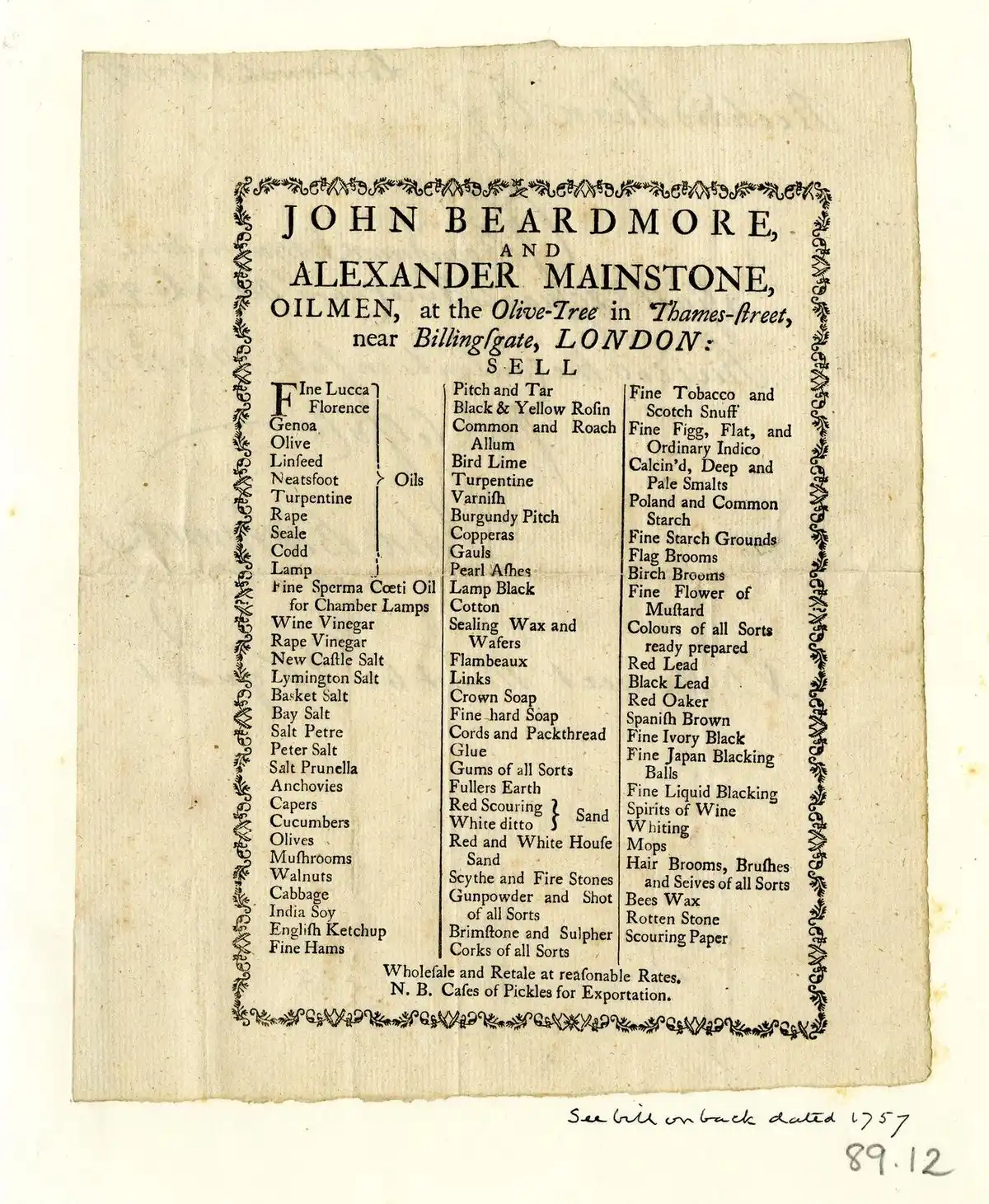 Letterpress trade card of London oilmen listing dozens of oils for sale in two close-set columns.