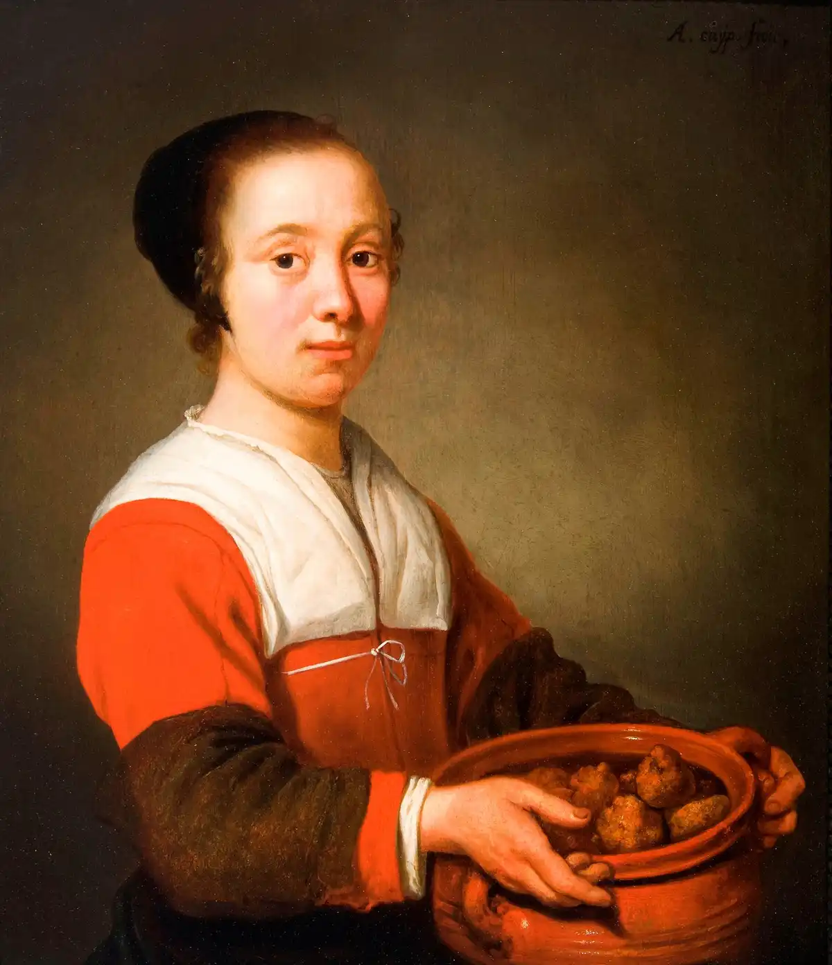 Oil painting of a young maid in a red bodice holding out an earthenware pot filled with golden fried dough balls.