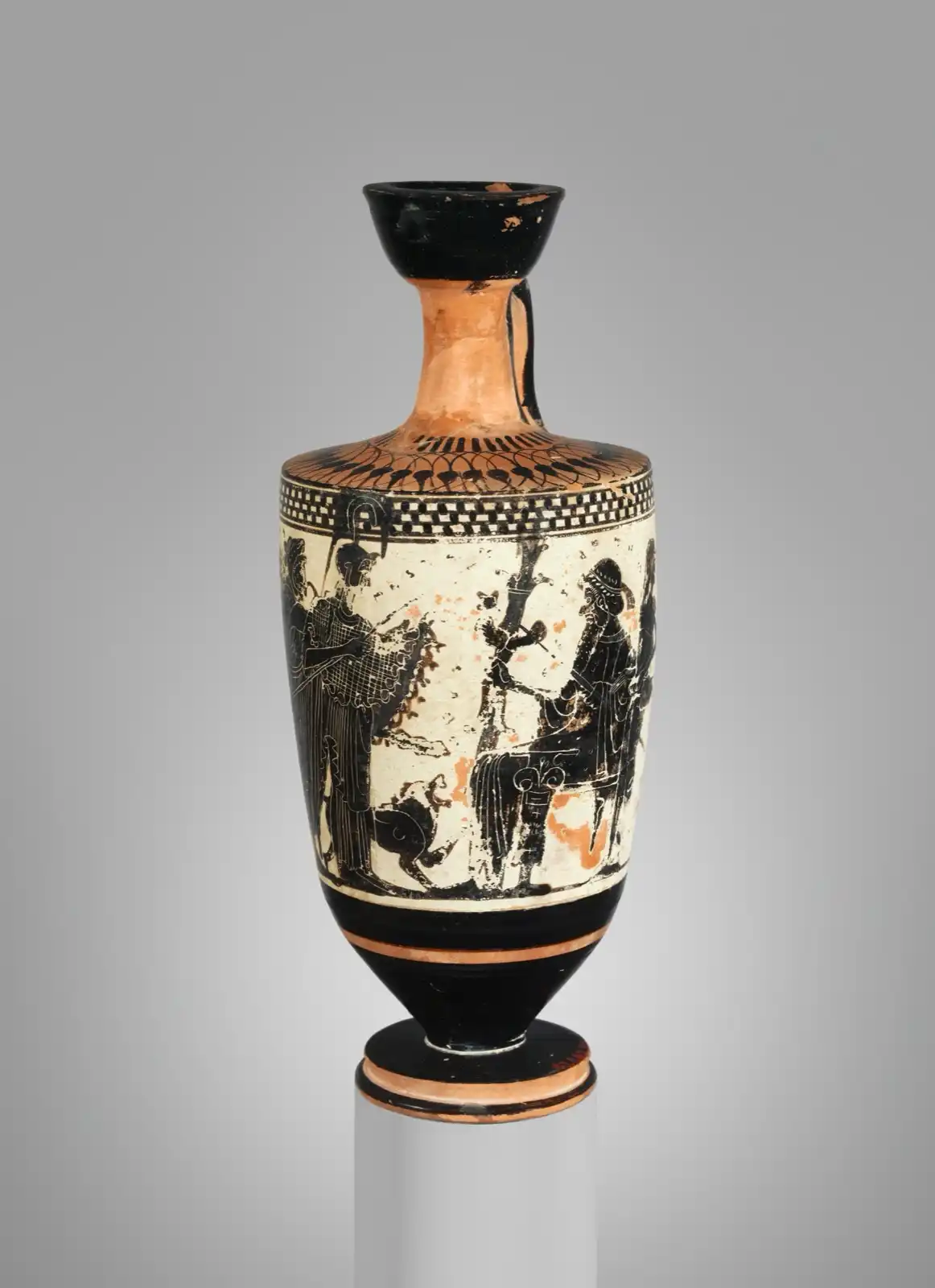 White-ground black-figure lekythos showing Zeus enthroned with his young cupbearer beside him, as Athena leads Herakles into the assembly of the gods.