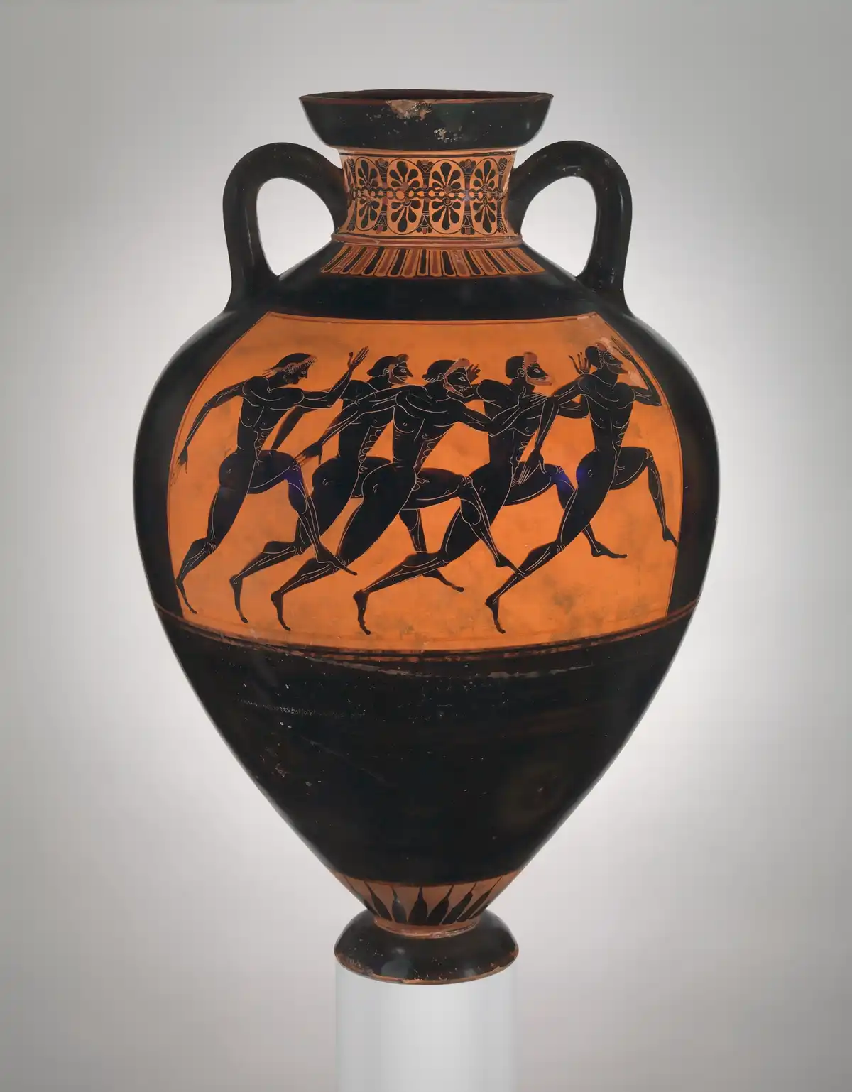 Black-figure amphora with Athena striding, armed with spear and shield, between two columns.