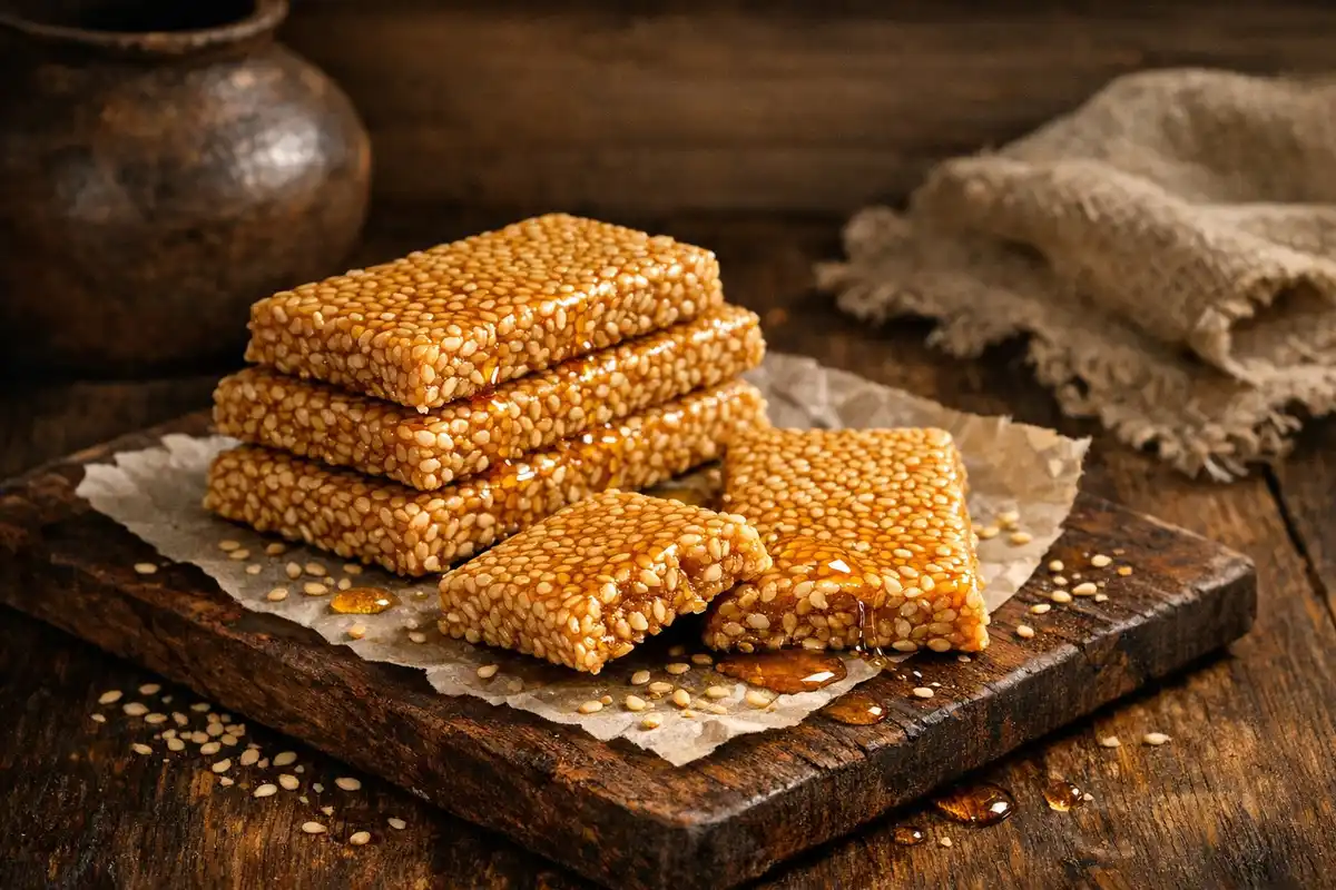 Golden sesame bars stacked offset on parchment on a dark board, one snapped open, loose seeds and a thread of honey.