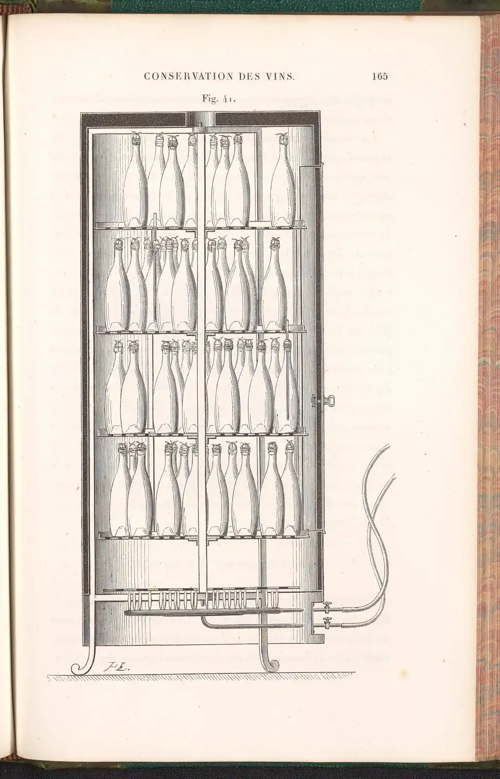 Book figure of a heating cabinet racked with dozens of wine bottles, pipework below.