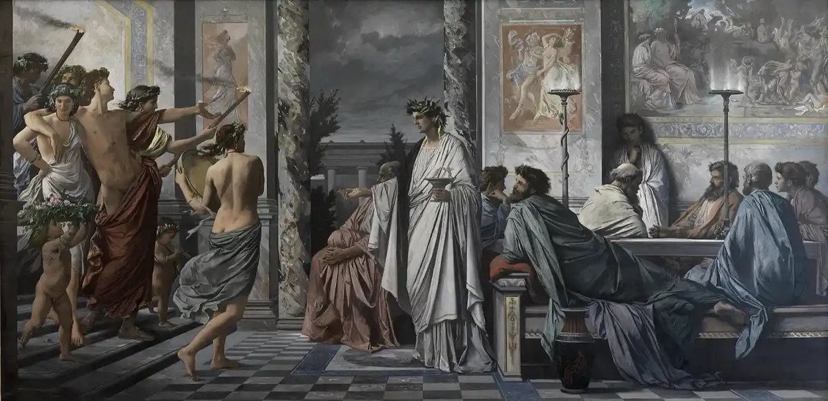 Anselm Feuerbach's painting of Plato's Symposium: robed figures reclining and conversing in a classical hall.