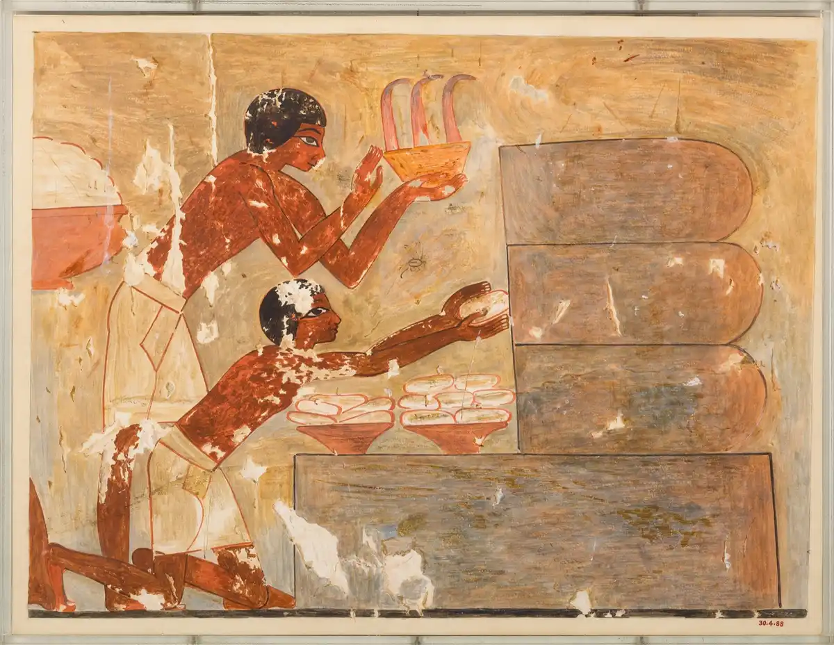 Egyptian tomb-painting facsimile showing workers at horizontal hives, removing combs and filling and sealing jars of honey.