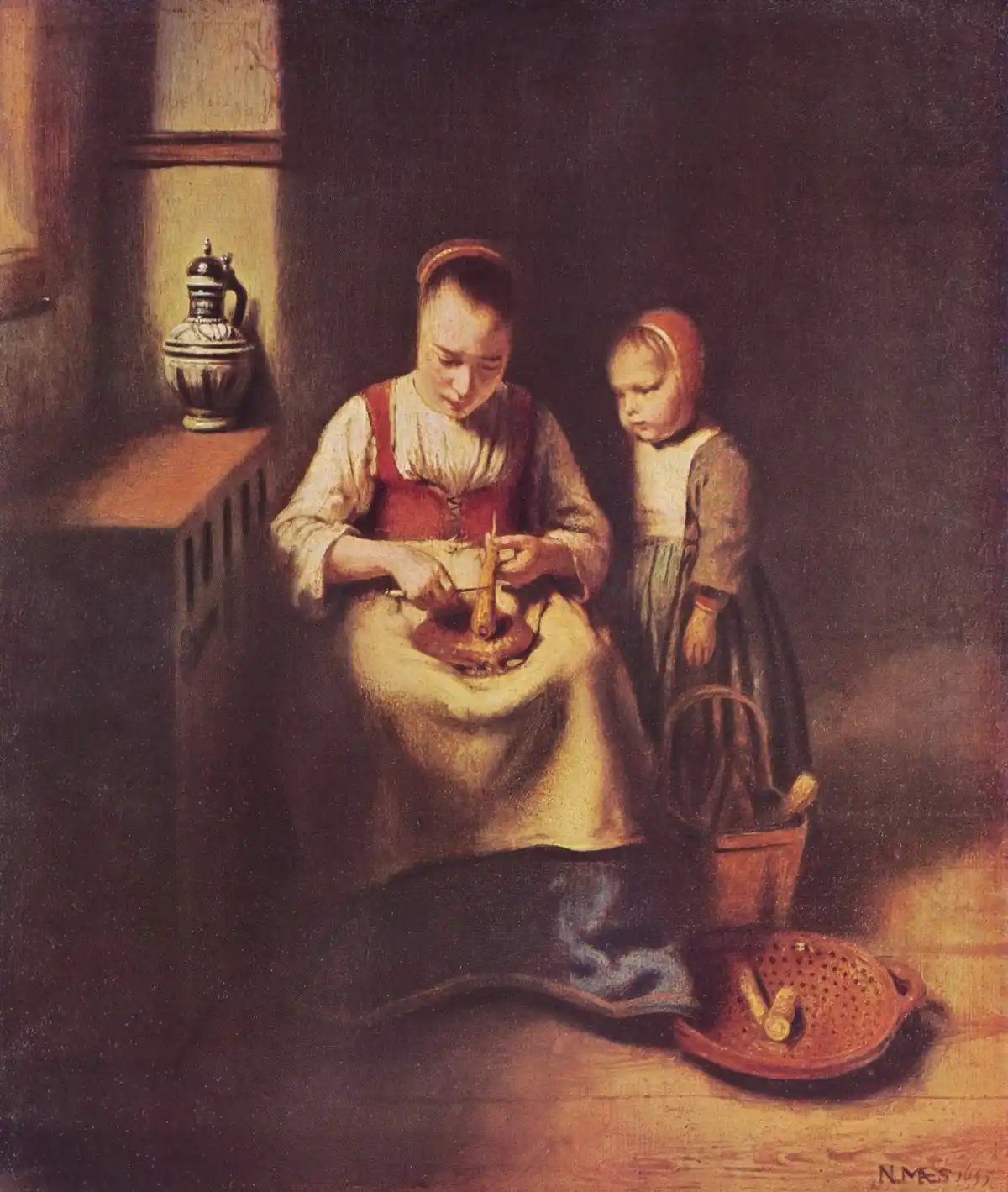 Dutch interior painting of a seated woman scraping a parsnip with a knife while a small child stands watching, a basket and pail at her feet.