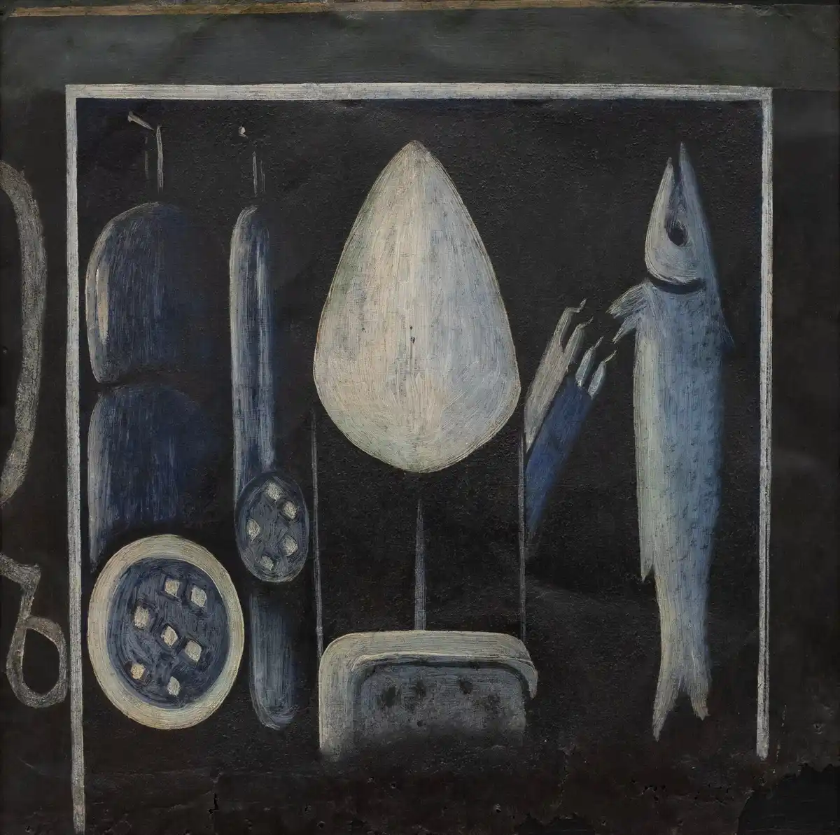 A white conical sugar loaf centred on a flat black ground, flanked by hanging sausage, fish and plates.