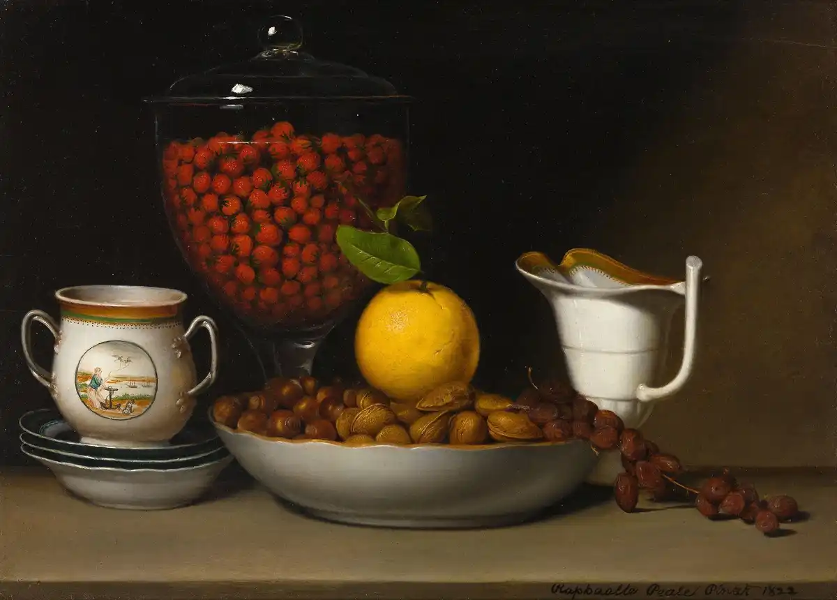 Still life with a lidded glass jar of strawberries, a bowl of nuts, oranges, a lemon and stacked china on a ledge.