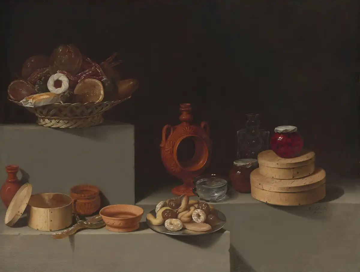 Golden Age still life of wicker baskets of ring biscuits and sweets beside glazed pottery jars on a stone ledge.