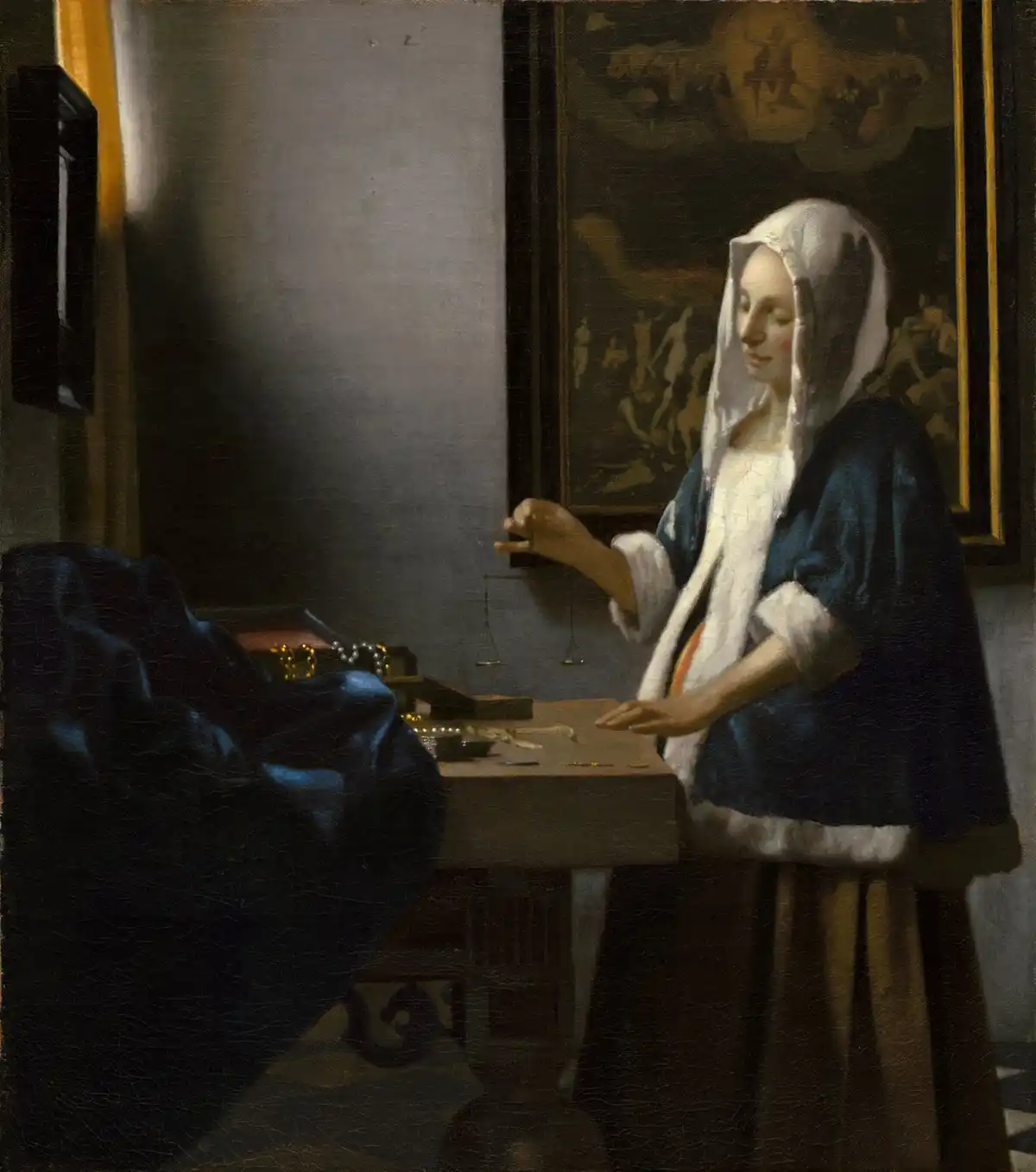 A woman in a fur-trimmed jacket holds an empty balance at equilibrium over a table scattered with pearls and gold.